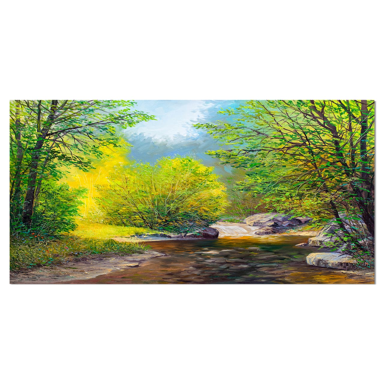Designart - Summer Forest in Beautiful River - Landscapes Painting Print on Wrapped Canvas